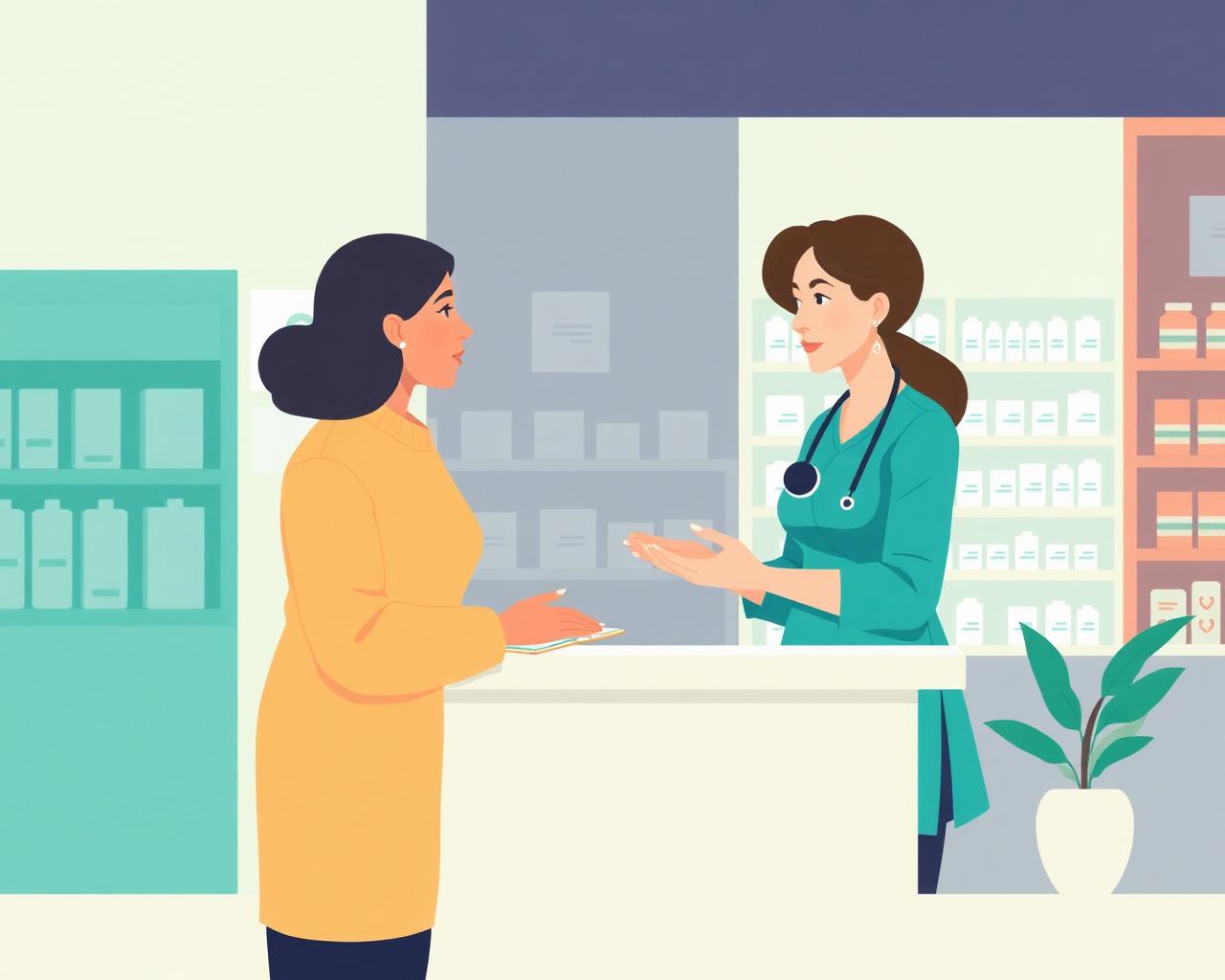 Female patient speaking confidentially with a pharmacist